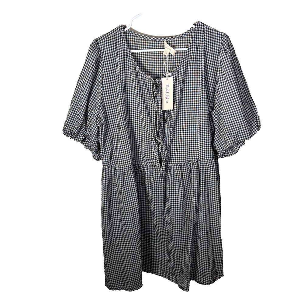 Violet Skies Dress Women's XL Gingham Sheath Tie Puff Sleeve Casual Tie NWT